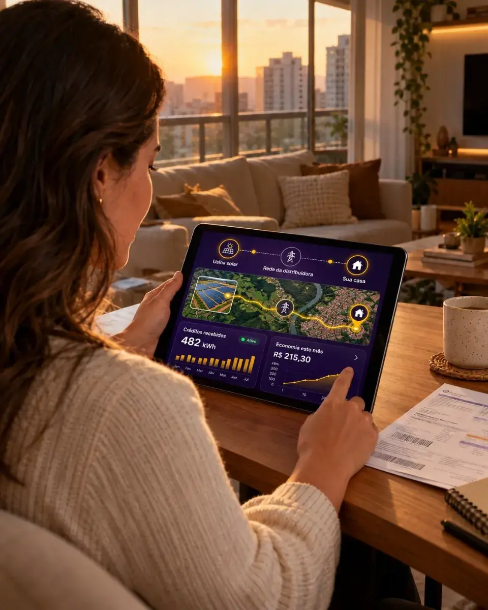 Mulher acompanhando os créditos de energia e a economia no tablet, em casa, imagem ilustrativa