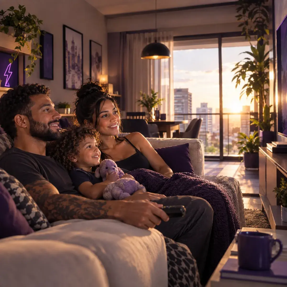 Família no sofá de casa ao pôr do sol
