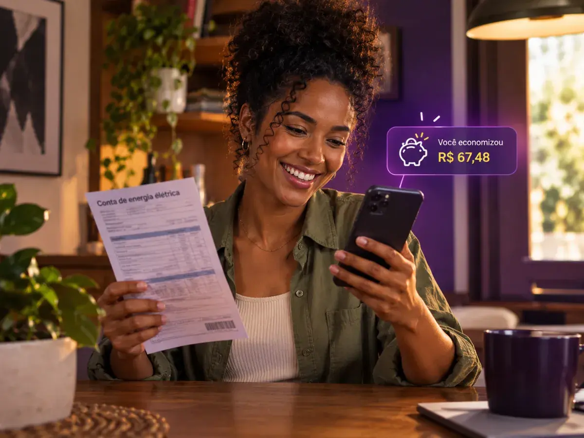 Mulher sorrindo com a conta de luz e o celular, que mostra a economia