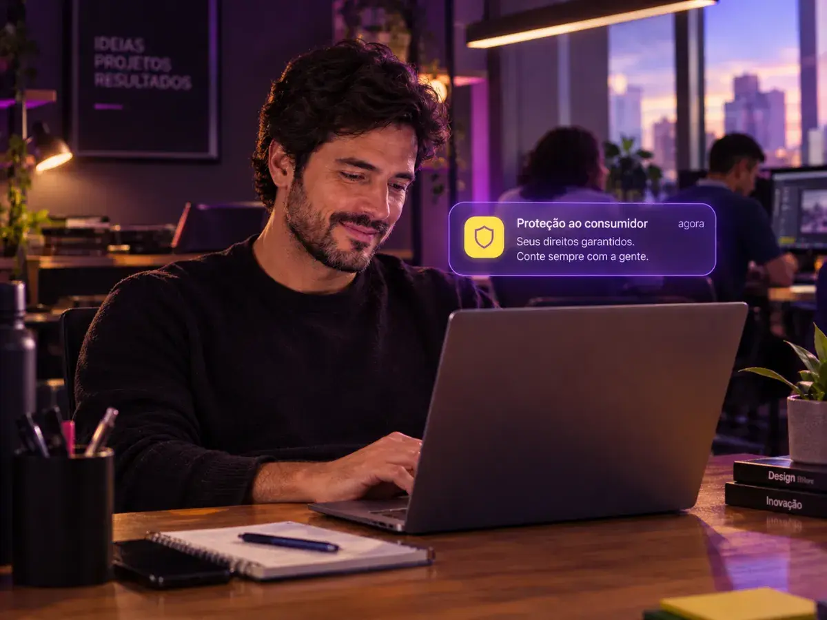 Homem sorrindo no notebook com notificação de proteção ao consumidor