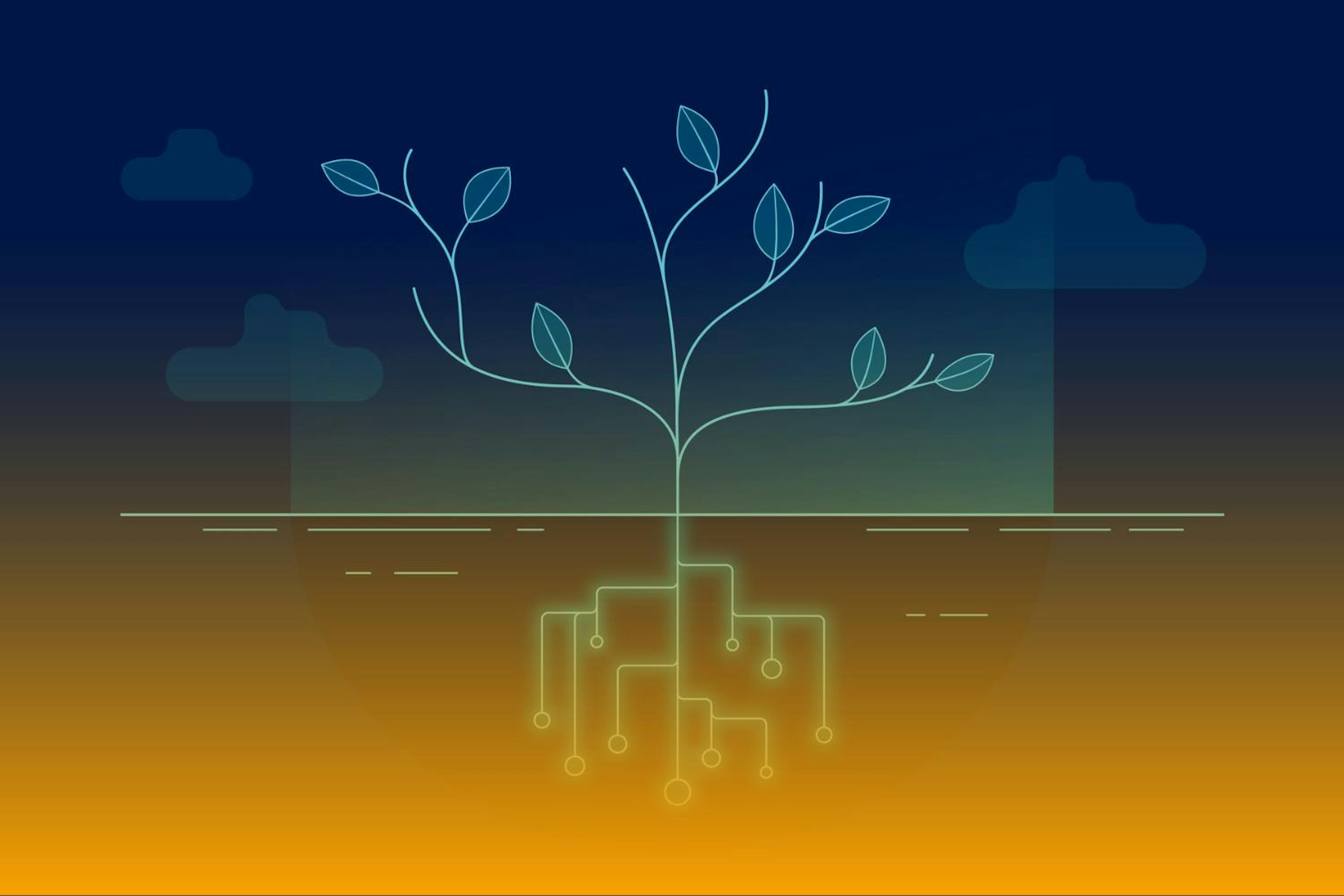 arte de uma árvore com raízes de conexões digitais representando a tecnologia sustentável