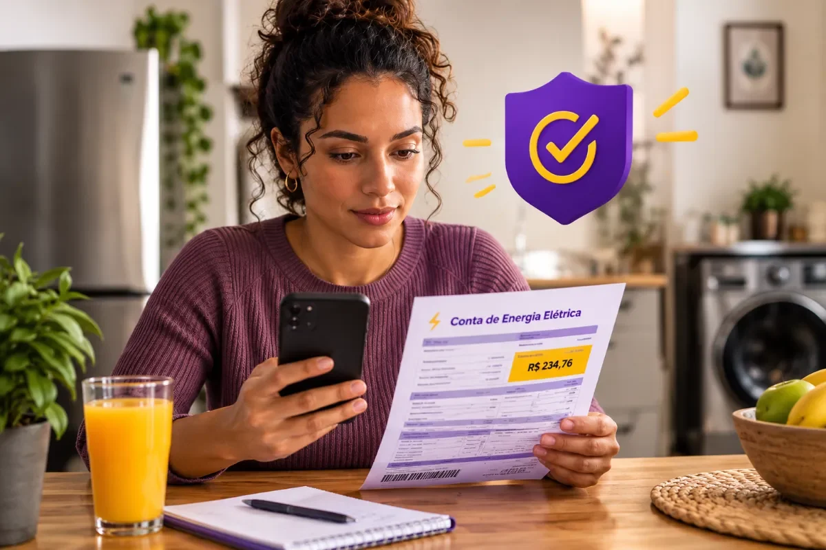 Woman checking her electricity bill on her phone, with a protection shield beside her, illustrative image