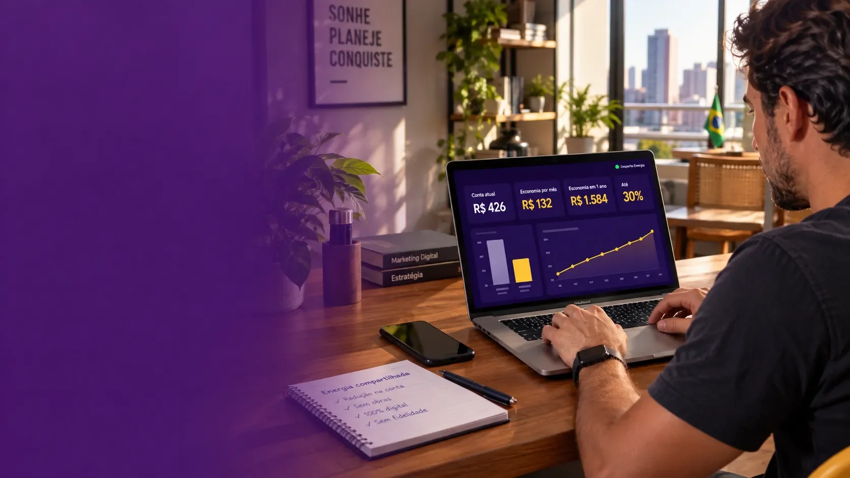 Person tracking electricity bill savings on a laptop, illustrative image