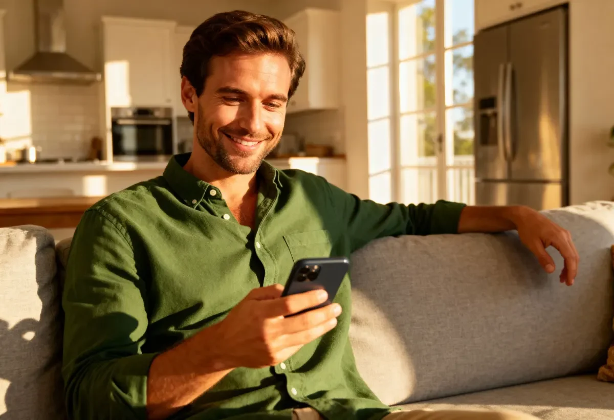 Man smiling on the couch at home while signing up on his phone
