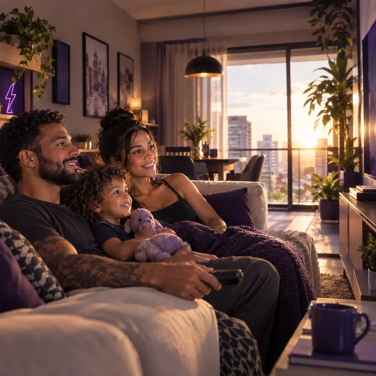 Family on the living room couch at sunset