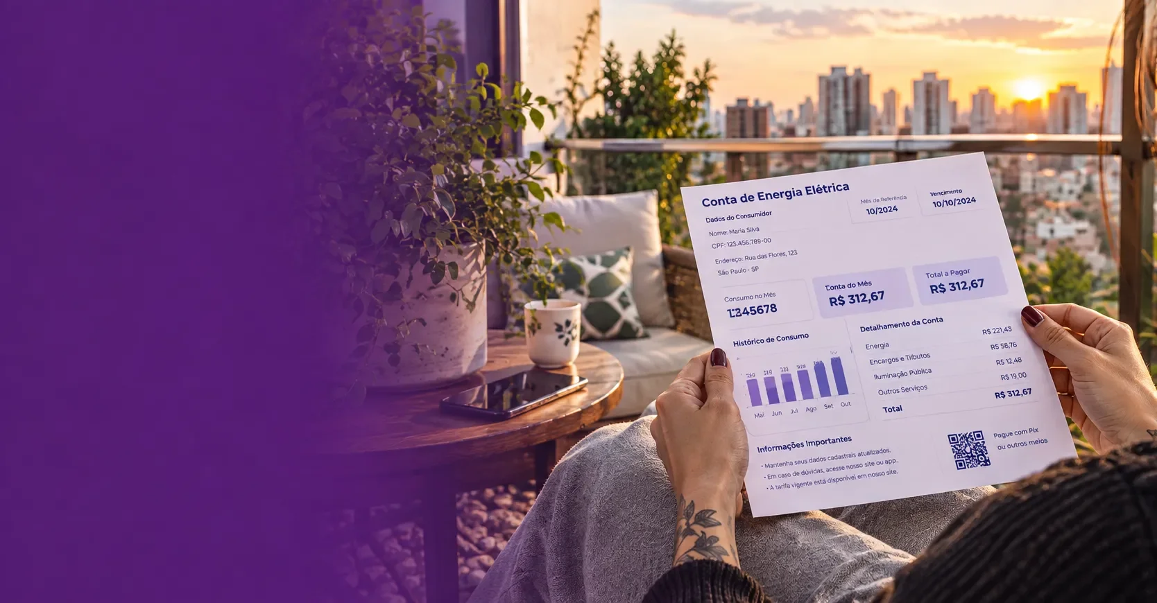 Person checking the electricity bill at sunset, illustrative image