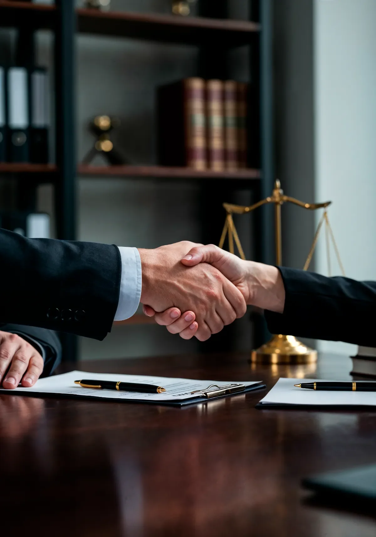 Handshake over a table with documents and the scales of justice in the background