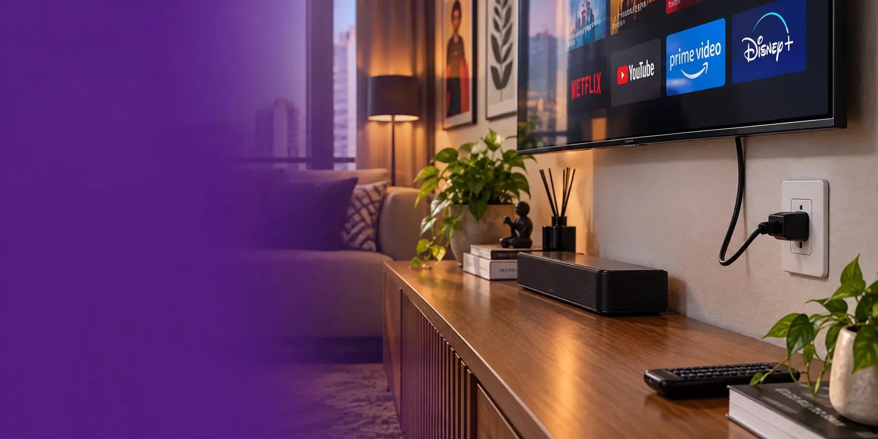 Living room with a TV and appliances plugged in, illustrative image