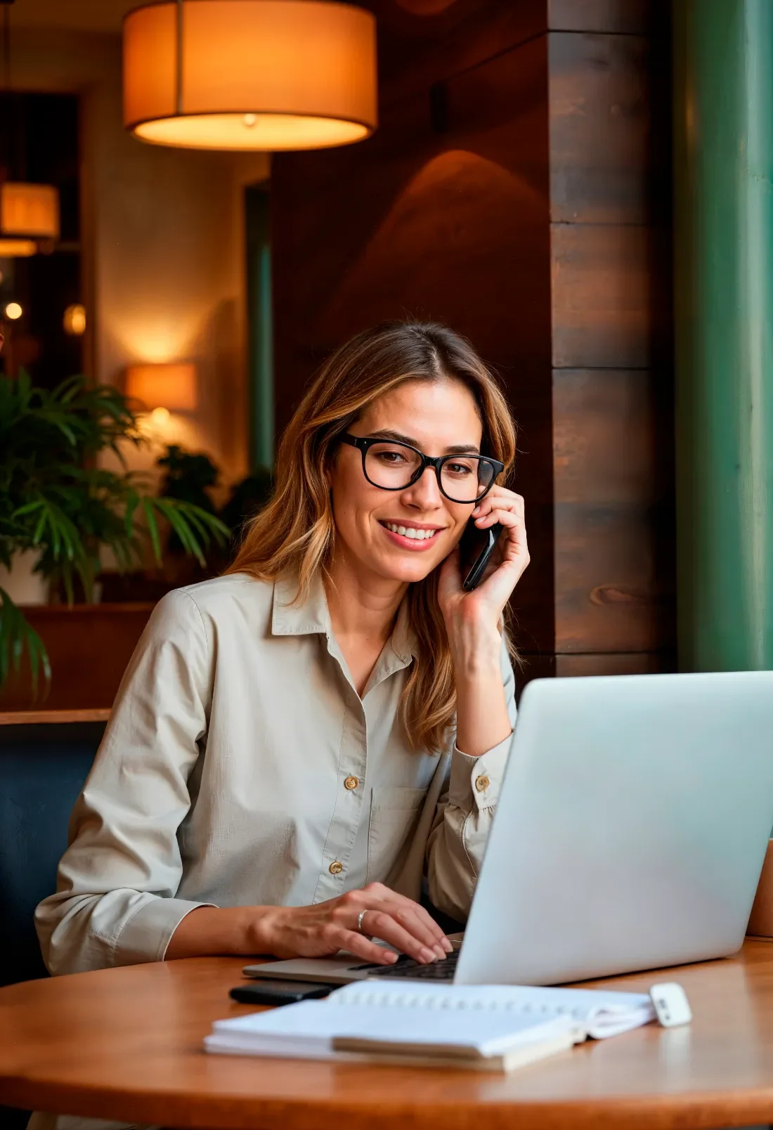 Woman on the phone, smiling, while using her laptop