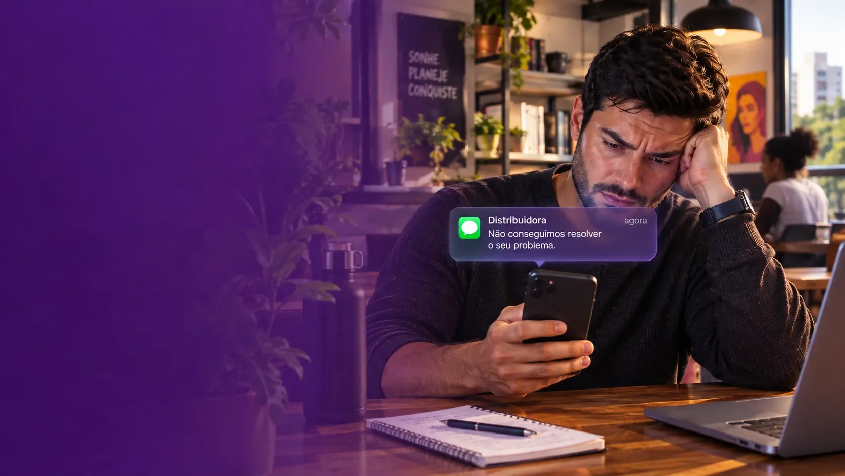 Frustrated man reading a message from the utility company on his phone saying it could not solve the problem, illustrative image